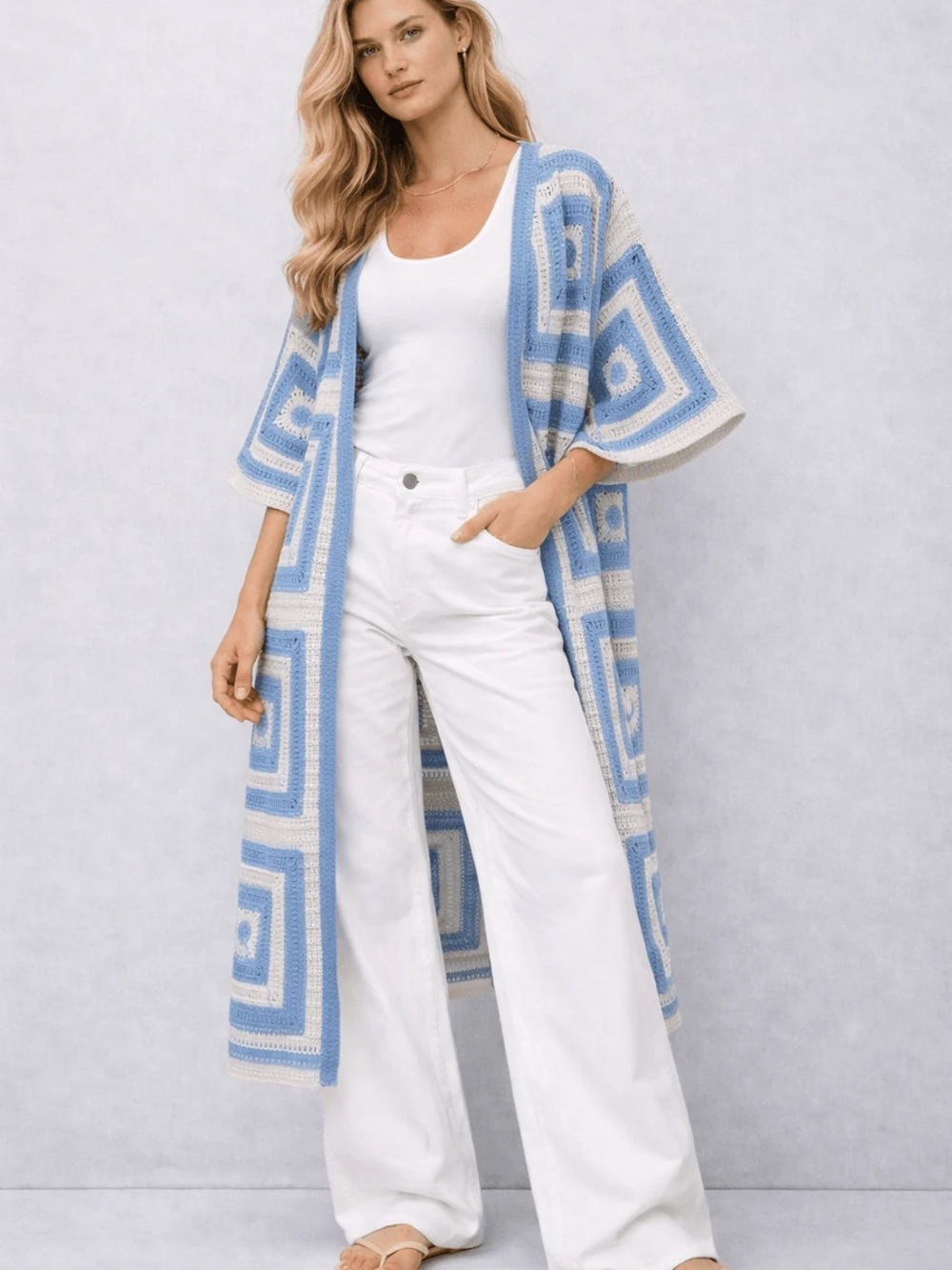 Long Crochet Duster Cardigan in Sky Blue and Cream